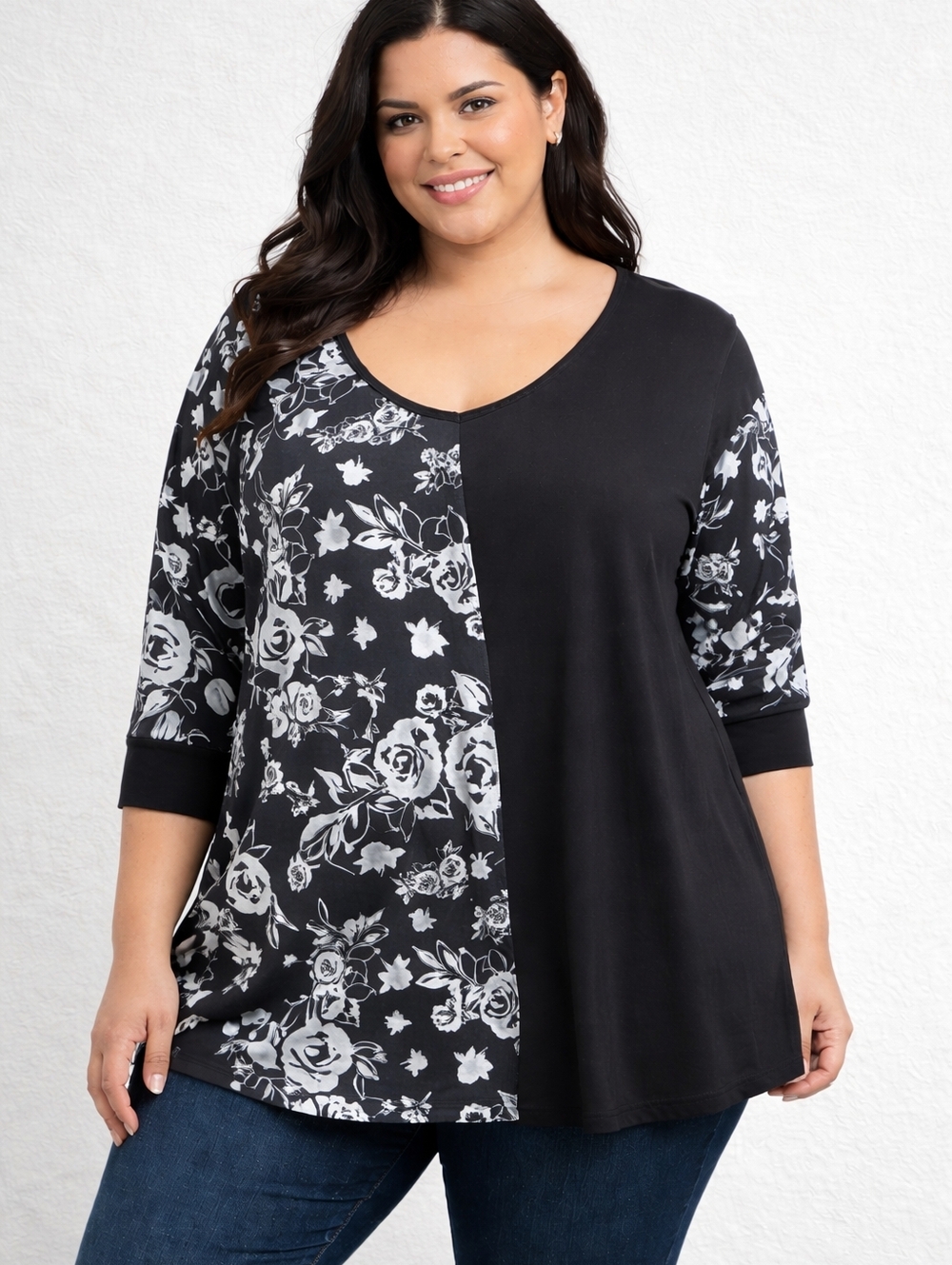 #1105 Cozy Collection Black Floral Colorblock Tunic Top